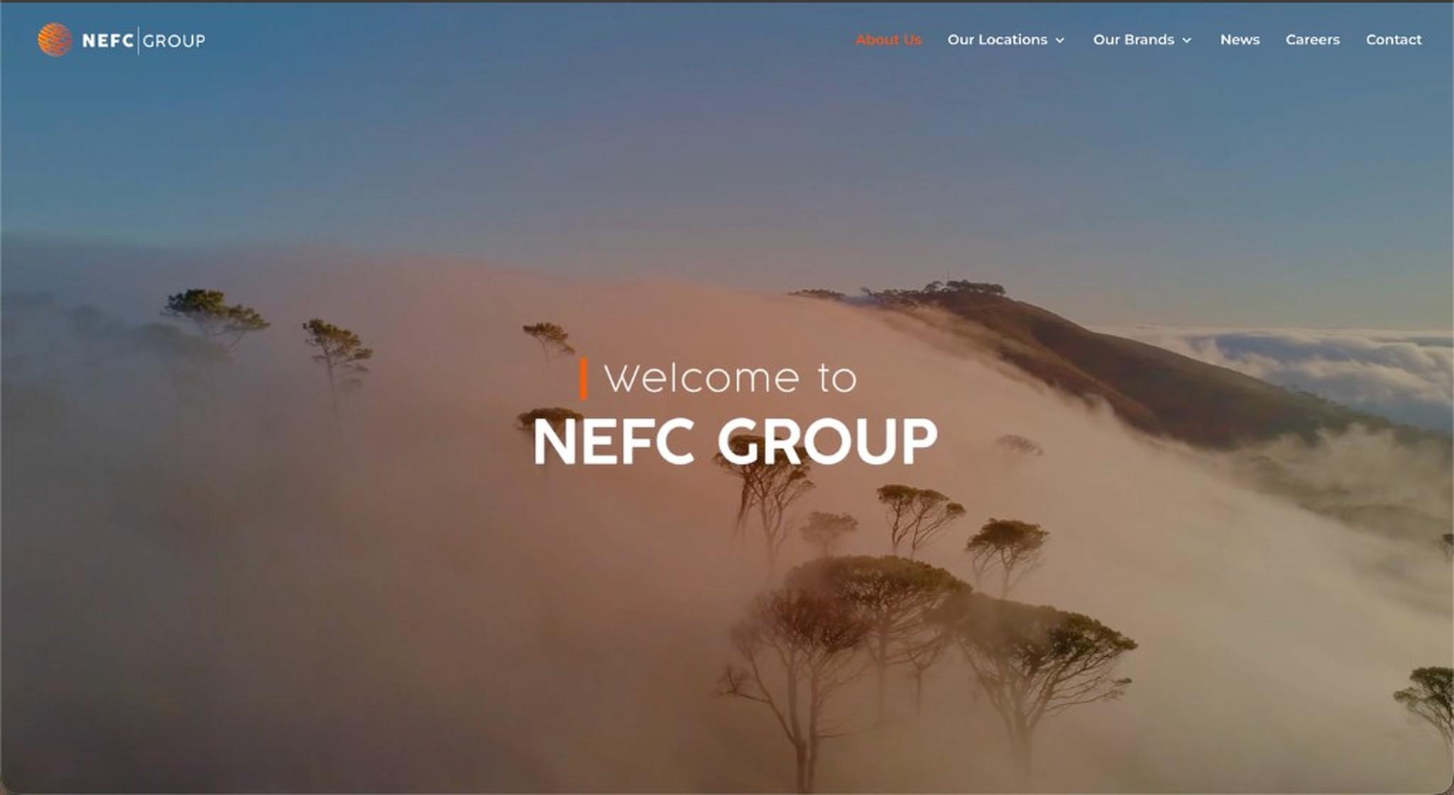 La page d'accueil du site NEFC Group : welcome to NEFC GROUP, avec un paysage de hauts plateaux au lever du soleil